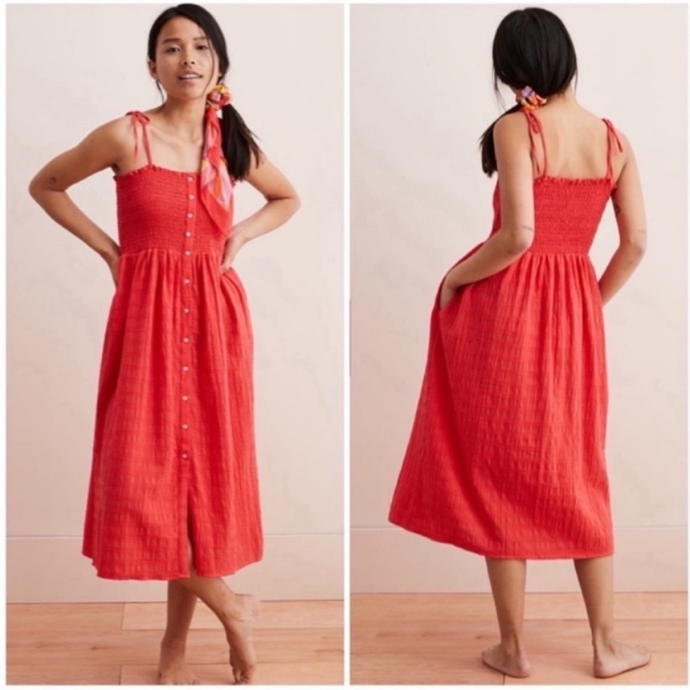 Aerie Smocked Button Front Midi Dress w/pockets